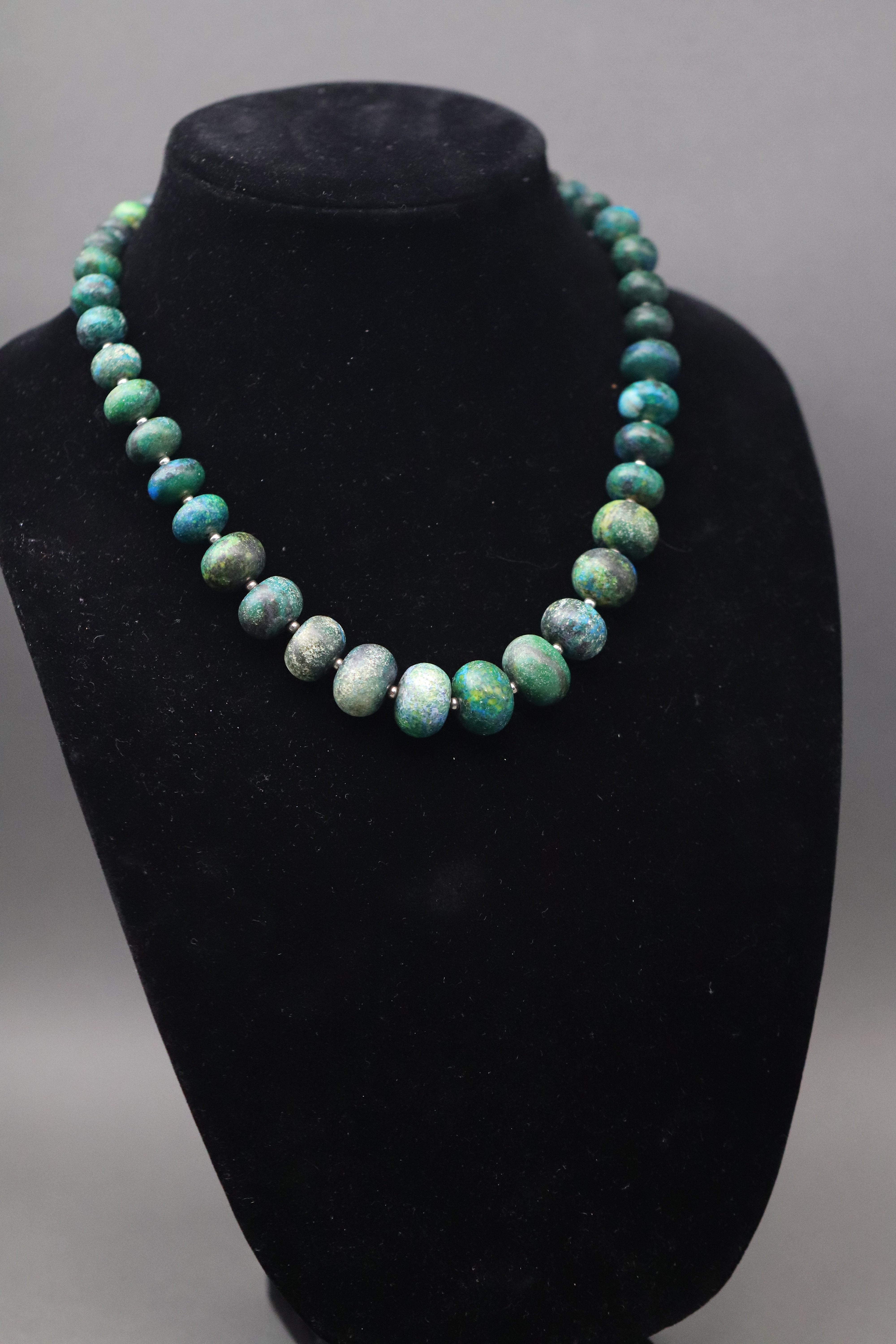 Vintage Graduated Azurite-Malachite Bead Necklace With Sterling Hook Clasp Estate Jewelry